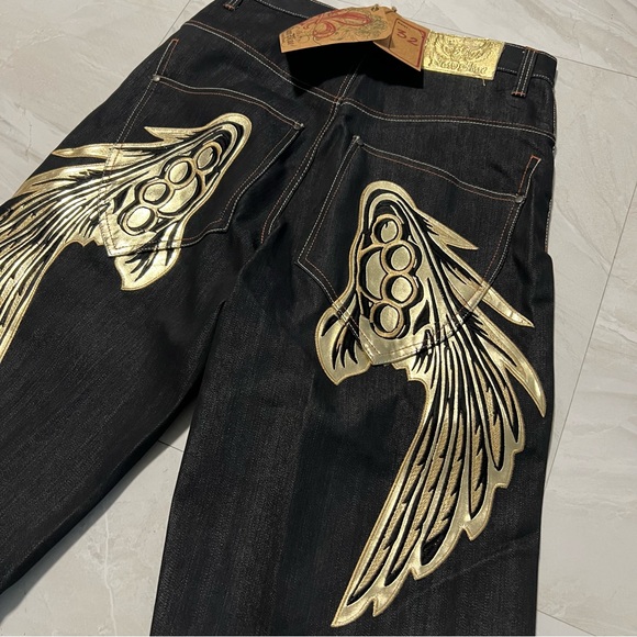 Raw Blue Denim Y2K Baggy Shorts Jorts Cyber Wings Affliction 32 - Picture 1 of 9